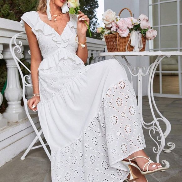 White Ruffle Hem Schiffy Dress - Picture 3 of 5